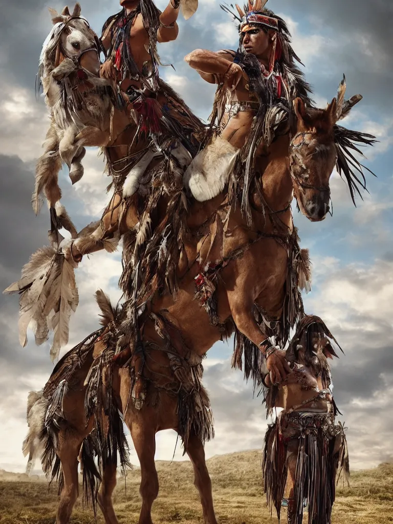 Image similar to one American Indian warrior and his horse, sacred feathers adorn, valley of quartz crystals, hyper realistic, dystopian, solarpunk, Mayan gods, realism, magical imagery, best algorithm, digital cinema camera, cooke lens feel, wide angle, 3D modelling, digital art, art by Zbrush