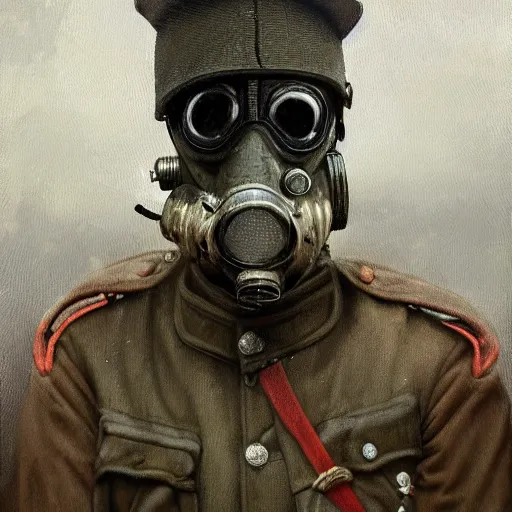 Prompt: portrait painting of a world war 1 british soldier wearing gasmask, detailed, in the style of greg rutkowski