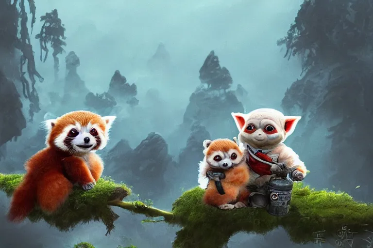 Prompt: an extremely cute (red panda), and the adorable (baby-yoda), sitting on a lichen covered ancient bolder and sing songs and have a tea party, in the far background a hazy outline up in the sky of Darth Vader's TIE fighter, mischievous, inquisitive, devious, hilarious, funny, by Tyler Edlin