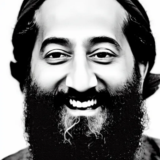 Image similar to profile picture photo of osama bin laden happily smiling, studio lighting, monochromatic background