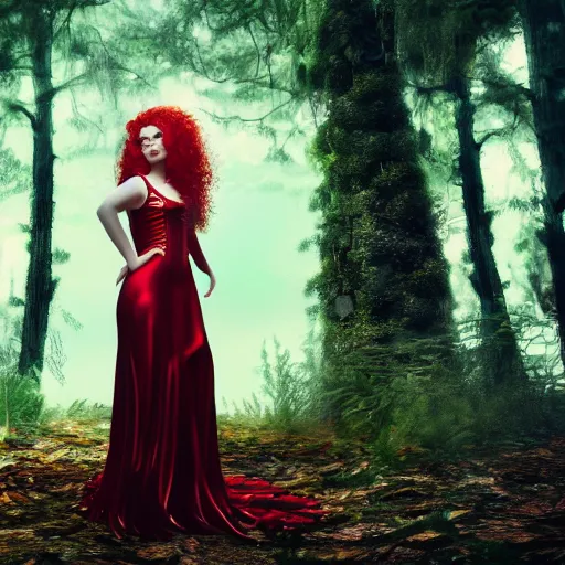 Image similar to beautiful woman with long curly red hair in elaborate gown, rim lit, forest, moon in background, photo realistic, cinematic atmosphere, octane render, 8 k, ethereal, dramatic lighting