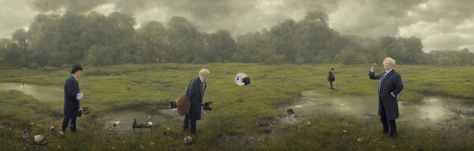 Image similar to A meadow with Boris Johnson standing in the middle of a stream, wide landscape, illustration, detailed, smooth, soft, warm, by Adolf Lachman, Shaun Tan, Surrealism