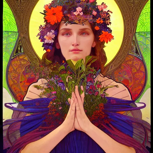 Image similar to a portrait oil painting of a singular beautiful female godess of spring with colorful flowers, holy geometry, tarot card style, by Mohrbacher and Moebius and Alphonse Mucha and Roger Deakins, cinematic lighting, masterpiece, golden ratio background, highly detailed, 8k resolution, trending on art station