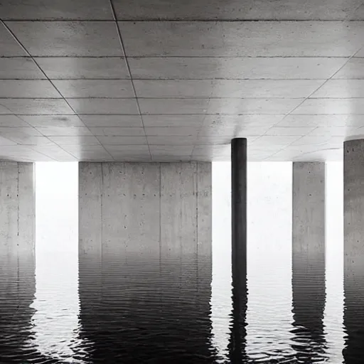 Image similar to underground concrete room, flooded, minimalist architecture, surreal, liminal space, angled walls, high ceiling,