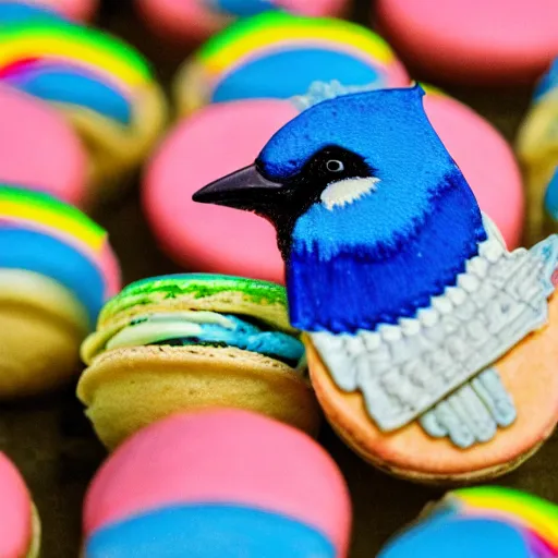 Image similar to A blue jay standing on a large basket of rainbow macarons.