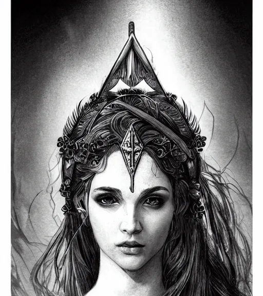 Prompt: beautiful aphrodite goddess wearing an arrow on her head, realistic face, beautiful eyes, black and white drawing, in the style of greg rutkowski, fantasy, amazing detail, epic, intricate, elegant, smooth, sharp focus