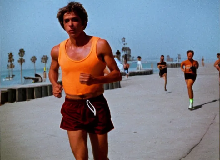 Image similar to color photo. handsome man jogging in the 8 0's. venice beach