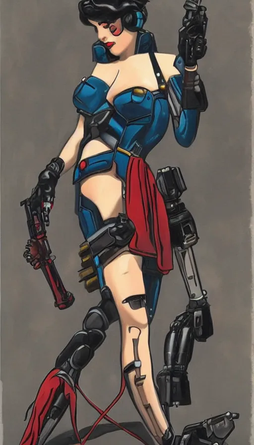 Prompt: full body cyberpunk beautiful woman in the style of a 1 9 4 0 s oil painted pin - up painted on a gundam