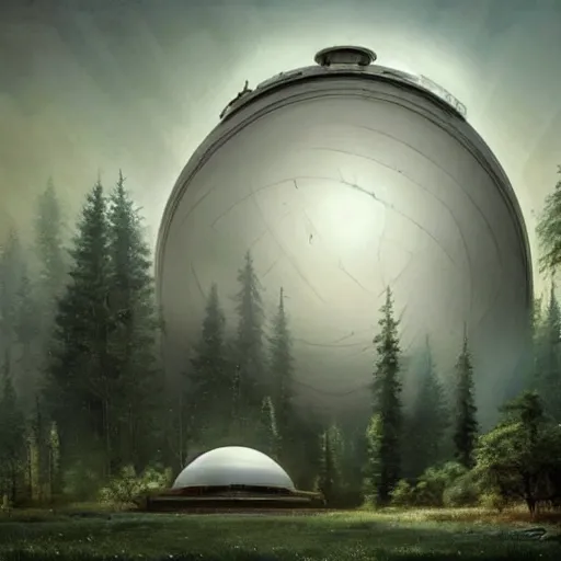 Image similar to mysterious glowing white domed sci-fi building, Ivan Shishkin and Greg Rutkowski
