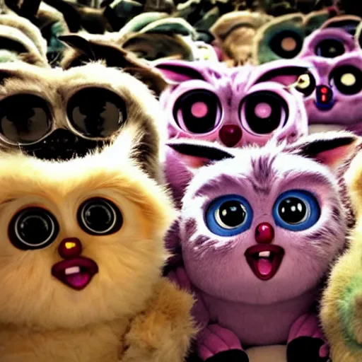 Prompt: Found footage of a room full of furbies staring at the camera. Some of them lack fur and are malfunctioning