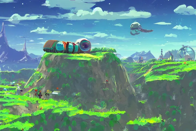 Image similar to computer game art, a flying buddy robot nearby, a small planet in the future, a Tinker's shack on a barren planet, wild berry vines, a berry farm, space junk, volcanoes, in the style of studio ghibli and No Man's Sky and Breath of the Wild