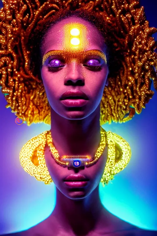 Image similar to hyperrealistic cybernetic cinematic bioluminescent very expressive! oshun goddess underwater, whole body, gold jewerly, highly detailed face, digital art masterpiece, smooth eric zener cam de leon, dramatic pearlescent turquoise light on one side, low angle uhd 8 k, shallow depth of field