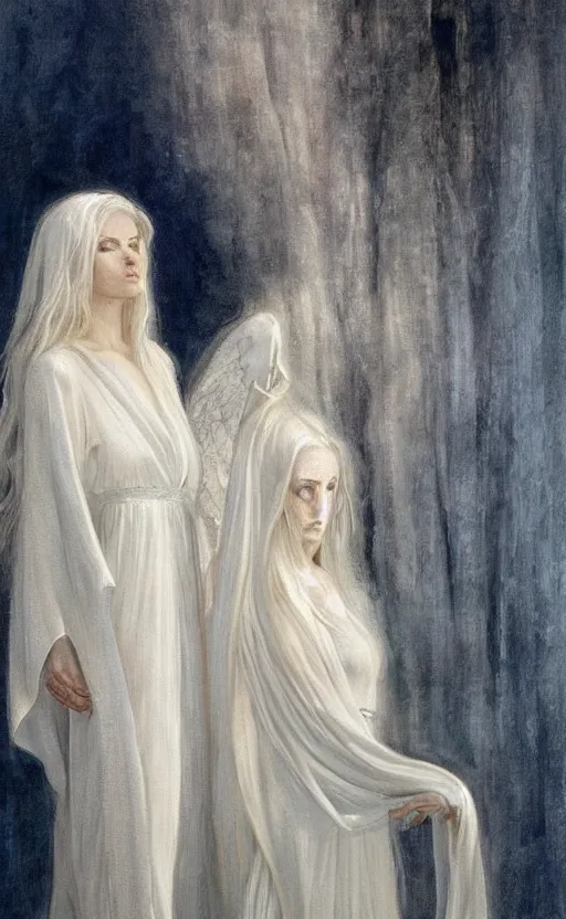 Prompt: thin angel with silver hair so pale and wan!, thin!, flowing robes, covered in robes, lone pale wan fair skinned goddess, wearing robes of silver, flowing, pale skin, young cute face, covered!!, clothed!! oil on canvas, style of lucien levy - dhurmer and jean deville, 4 k resolution, aesthetic!, mystery