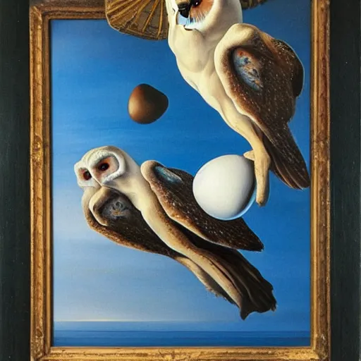 Image similar to A pair of barn owls and a floating egg, oil painting by Salvador Dali