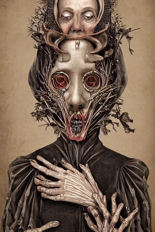 Image similar to Detailed maximalist portrait of a beautiful old woman with large lips and eyes, scared expression, botanical skeletal with extra flesh, HD mixed media, 3D collage, highly detailed and intricate, surreal illustration in the style of Caravaggio, dark art, baroque, centred in image