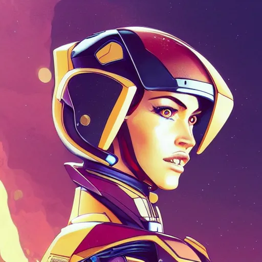 Image similar to a portrait of a stunning beautiful elite megan fox gundam pilot, with an intricate, detailed, urban inspired hiphop afro futuristic helmet, vector behance hd jesper ejsing, rhads, makoto shinkai, lois van baarle, ilya kuvshinov, rossdraws, hd, 3 2 k, ilya kuvshinov, gustav klimt