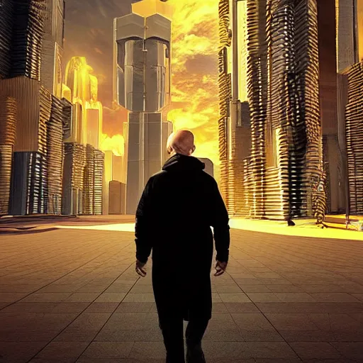 Image similar to walter white walking around in a futuristic city, made of fractals