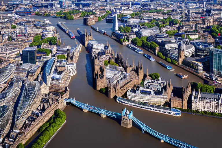 Image similar to an aerial view of a london city with a river running through it, a tilt shift photo by christopher wren, featured on cg society, new objectivity, uhd image, tilt shift, high dynamic range