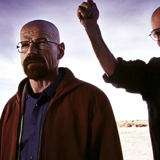 Prompt: A Still from Breaking Bad of Walter White slapping Walter White. Award winning still, shot on a studio grade camera, 4K.