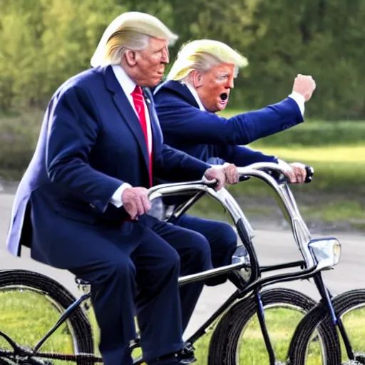 Image similar to joe biden and donald trump drunkenly riding a tandem bike together, laughing and joking,