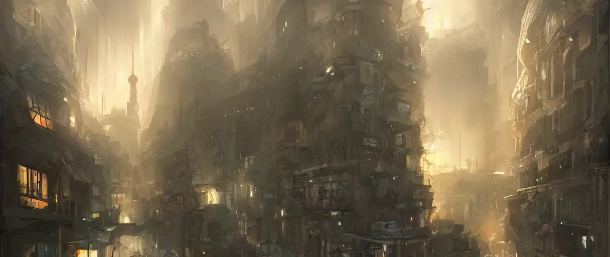 Prompt: german city, Berlin, concept art, digital painting, style of jordan grimmer, futuristic, volumetric lighting