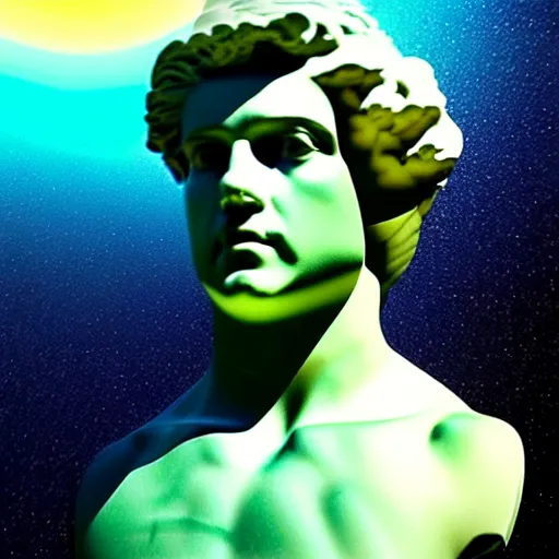 Prompt: 3 d sci - fi cgartist rendering of a hyper realistic marble greek statuary bust floating in space, at the vast pulsating interdimensional fractal space portal at the psychedelic vaporwave ombre event horizon by chris moore, by edward hopper, by col price, trending on artstation