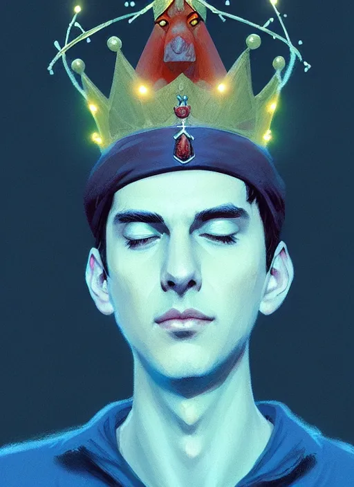 Image similar to portrait of jughead jones, wearing a crown, eyes closed, intricate, elegant, glowing lights, highly detailed, digital painting, artstation, concept art, smooth, sharp focus, illustration, art by wlop, mars ravelo and greg rutkowski