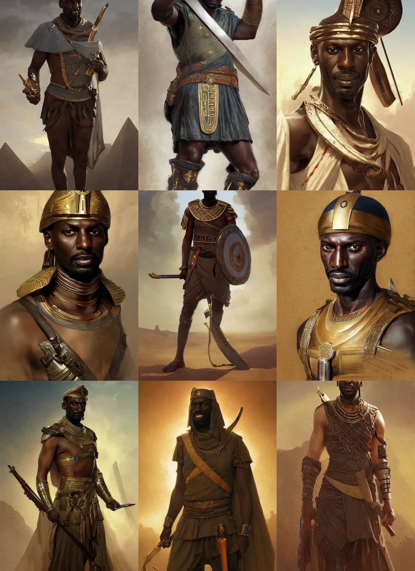 Prompt: Omar Sy as ancient egyptian soldier, intricate, elegant, highly detailed, digital painting, artstation, concept art, smooth, sharp focus, illustration, art by greg rutkowski and bouguereau and aleksi briclot
