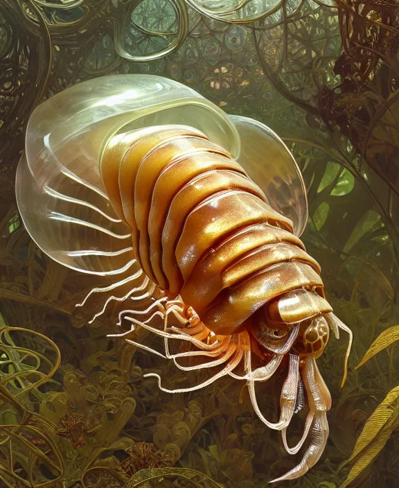 Prompt: intricate ornate opulent transparent clear see - through portrait of a horrific beautiful isopod nautilus snake, fractal, adorable, childlike, overgrown biopunk jungle environment, ultra realistic, concept art, art nouveau, photorealistic, octane render, 8 k, unreal engine. art by christopher marley and artgerm and greg rutkowski and alphonse mucha