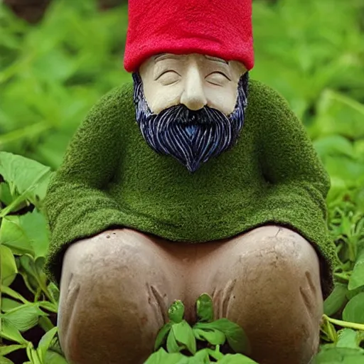 Image similar to a garden gnome that's depressed