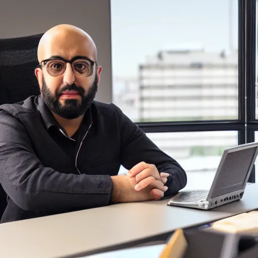 Prompt: photo of emad sitting at his desk in the stability. ai office, highly detailed, extremely high quality, hd, 4 k, 8 k, professional photographer, 4 0 mp, lifelike, top - rated, award winning, cinematic, realistic, detailed lighting, detailed shadows, sharp, no blur, edited, corrected, trending