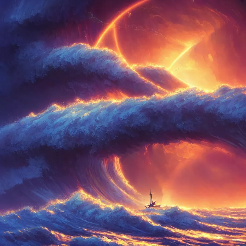 Image similar to treasure planet, ship on a stormy sea with huge waves, clouds, stars, rings, beautiful lighting, vivid colors, intricate, elegant, smooth, highly detailed digital painting, concept art, cinematic, unreal engine, wallpaper, by syd mead, terada katsuya, atey ghailan, svetlin velinov, makoto shinkai art style