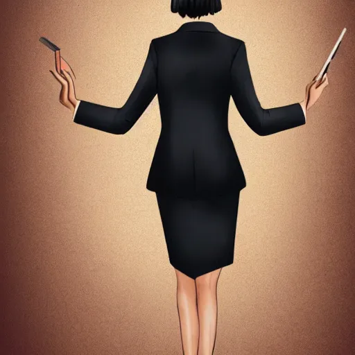 Prompt: woman in black business suit, light brown neat hair, pixiv, fanbox, trending on artstation, portrait, digital art, modern, sleek, highly detailed, formal, serious, determined, lawyer, colorized, smooth, charming, prett