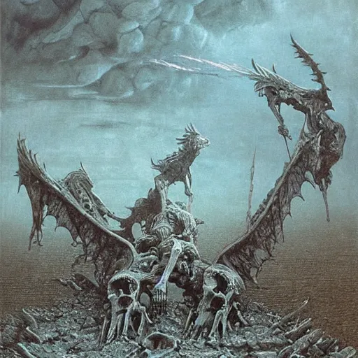 Prompt: cathedral made of bones, dragons fighting in the air, hellscape by beksinski