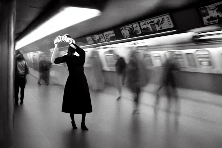 Prompt: girl wearing futuristic augmented reality headset in a subway, richard avedon, tri - x pan, ominous lighting