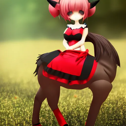 Image similar to cute fumo plush of a centaur girl in a red and black dress and top, anime, cel shaded pbr, vray