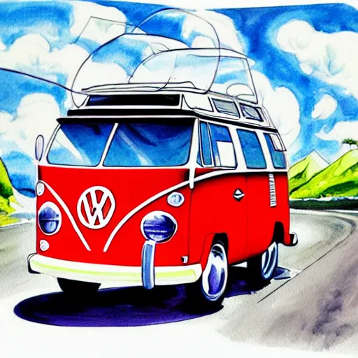 Image similar to fisheye perspective caricature watercolor painting of a vw volkswagen bus, bulli, type - 2, microbus, kombi from pixars cars with eyes instead of a windshield flying towards the camera, jumping at the viewer doors fully open, luggage in the air, dynamic action shot, fish eye lense, frontal, huge vulcano is seen in the background