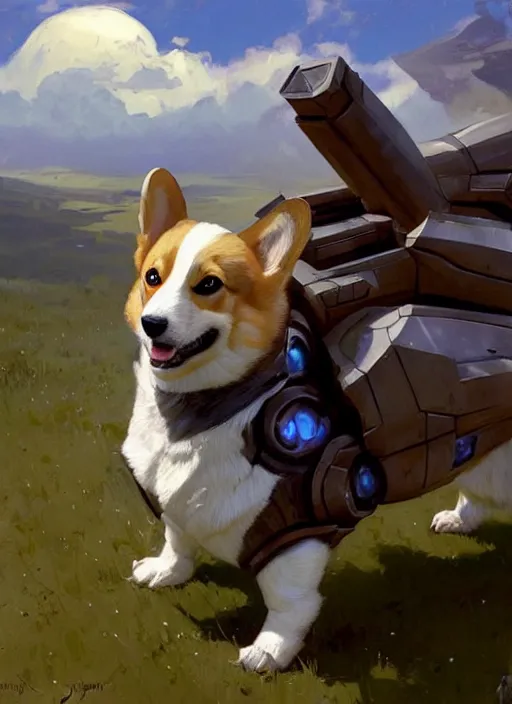 Prompt: Greg Manchess painting of a Corgi from Metroid Prime wearing Forerunner Armor from Halo, countryside, calm, fantasy character portrait, dynamic pose, above view, sunny day, thunder clouds in the sky, artwork by Jeremy Lipkin and Giuseppe Dangelico Pino and Michael Garmash and Rob Rey, very coherent asymmetrical artwork, sharp edges, perfect face, simple form, 100mm