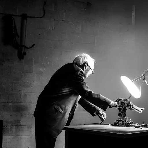 Image similar to bernie sanders putting the finishing touches on a magical clockwork doomsday robot, black and white photo, cinematic moody lighting