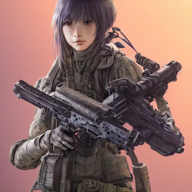 Image similar to the hyperrealistic portrait of lawful neutral female futuristic marine sniper as absurdly beautiful, gorgeous, elegant, young anime gravure idol, an ultrafine hyperdetailed illustration by kim jung gi, irakli nadar, intricate linework, bright colors, octopath traveler, final fantasy, unreal engine 5 highly rendered, global illumination, radiant light, detailed and intricate environment