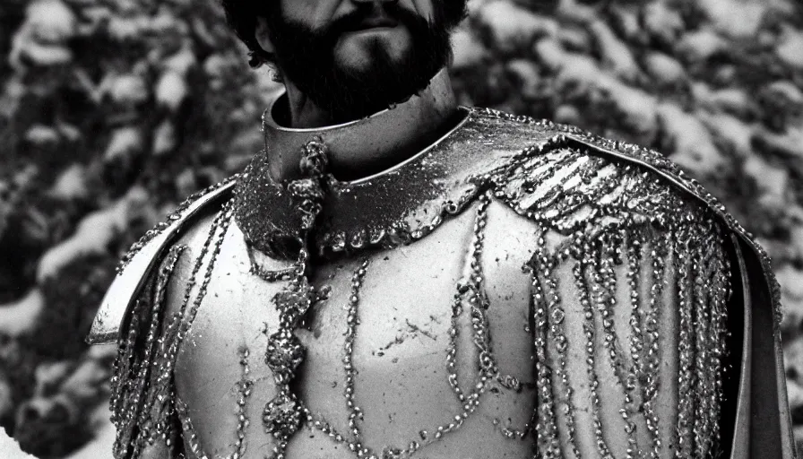 Prompt: 1 9 6 0 s movie still close up of marcus aurelius wearing a gold chestplate and a cape frozen to death under the snow by the side of a river with gravel, pine forests, cinestill 8 0 0 t 3 5 mm, high quality, heavy grain, high detail, texture, dramatic light, anamorphic, hyperrealistic, detailed hair, foggy