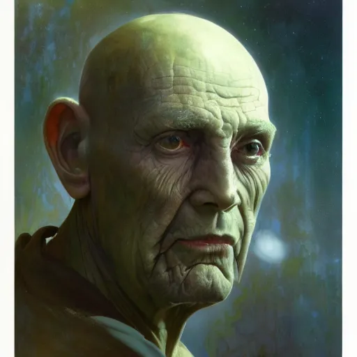 Image similar to hyperrealist portrait of an ancient old alien man with large cruel intelligent eyes and a huge head standing in front of a computer interface by jeremy mann and alphonse mucha and alan lee, fantasy art, photo realistic, dynamic lighting, artstation, poster, volumetric lighting, very detailed faces, award winning, full face, symmetry