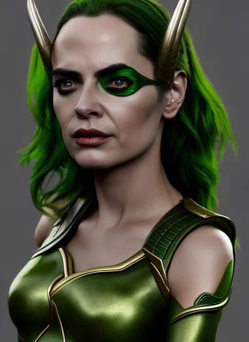 Image similar to Billie as Female Loki, Goddess of Mischief, sci fi, elegant, olive skin color, hyper realistic, hyper detail, very detailed, digital art, trending on artstation, smooth render, 8k blender render,