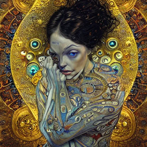 Prompt: Memento Mori by Karol Bak, Jean Deville, Gustav Klimt, and Vincent Van Gogh, beautiful visionary mystical portrait, otherworldly, fractal structures, ornate gilded medieval icon, third eye, spirals