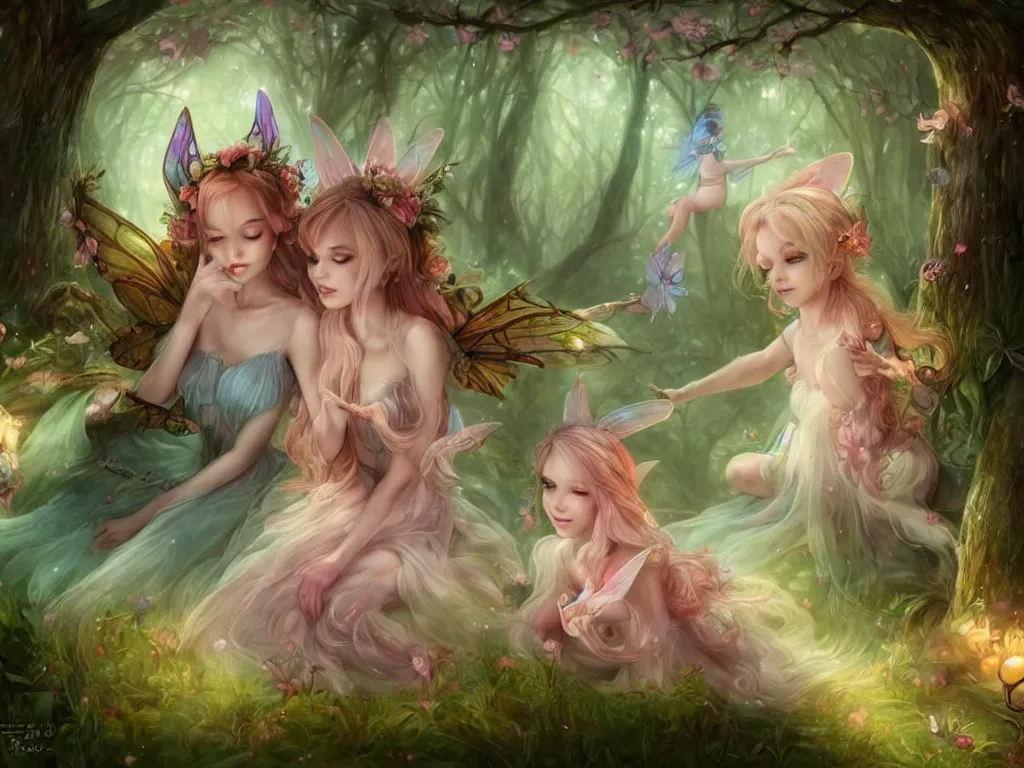 Image similar to two cute fairy in the dreamy forest, fantasy, dreamlike, 8 k resolution, hyper detailed, d & d, character design, digital painting, trending on artstation, sharp focus, illustration, art by artgerm, viktoria gavrilenko, hoang lap, fuji choko, steve zheng