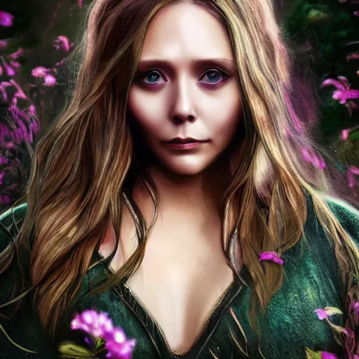 Prompt: Elizabeth Olsen, fantasy, nymph, clothed, forest, digital art