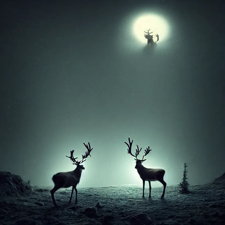 Image similar to reindeer alone at night, soft grainy bloom lucid dream - like atmosphere, harsh flash photo at night, baroque painting, perfect composition, detailed octane render trending on artstation, 8 k artistic photography, volumetric cinematic perfect light, chiaroscuro, masterpiece, raphael, caravaggio, beksinski, rutkowski, beeple