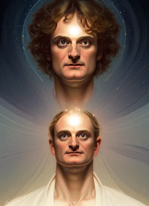 Image similar to symmetry portrait of isaac newton, glowing lights, intricate, elegant, highly detailed, digital painting, artstation, concept art, smooth, sharp focus, illustration, art by artgerm and greg rutkowski and alphonse mucha