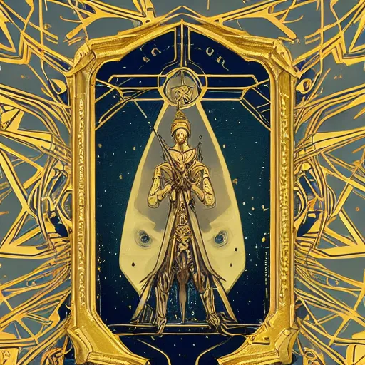 Prompt: a tarot card with symmetrically decorated edges in gold, fantasy art, in the style of greg rutkowski, illustration, epic, fantasy, cinematic, intricate, hyper detailed, artstation, concept art, smooth, sharp focus, ray tracing