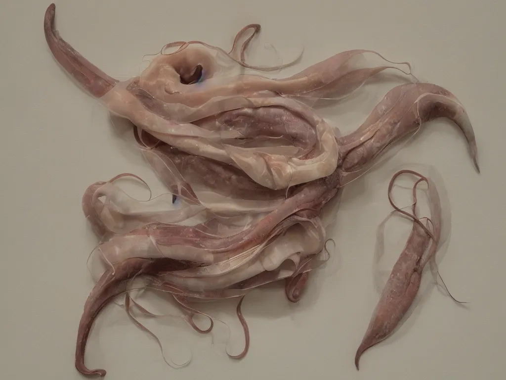 Prompt: a sculpture of a squid, draped in translucent flesh. razor sharp focus, studio lighting and a mixed media underbelly of madness